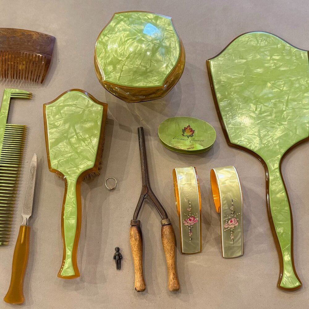 Antique Art Deco Celluloid Vanity Set Green Amber Mirror Brush Combs Marcel Iron